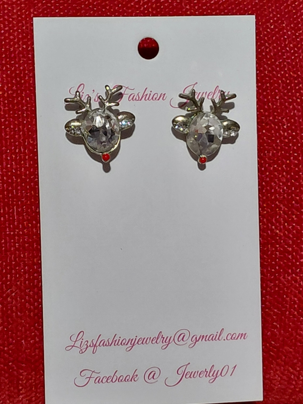 Fashion Jewelry Clear Crystal Reindeer Stud Earrings - Silver & Red